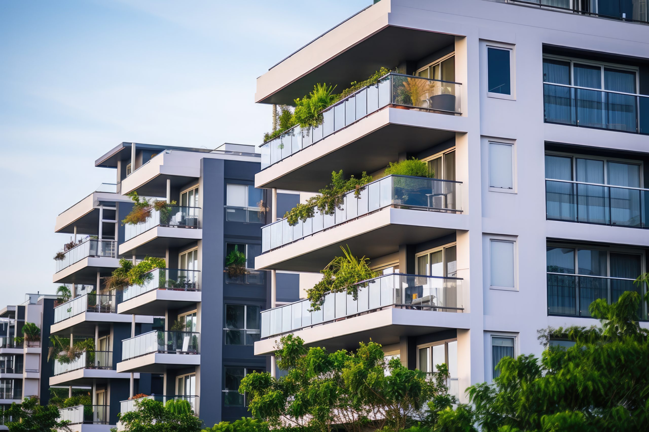 Eigentumswohnung Kaufen: Moderne mehrstöckige Wohngebäude mit großzügigen, bepflanzten Balkonen und großen Fensterfronten bei Tageslicht.