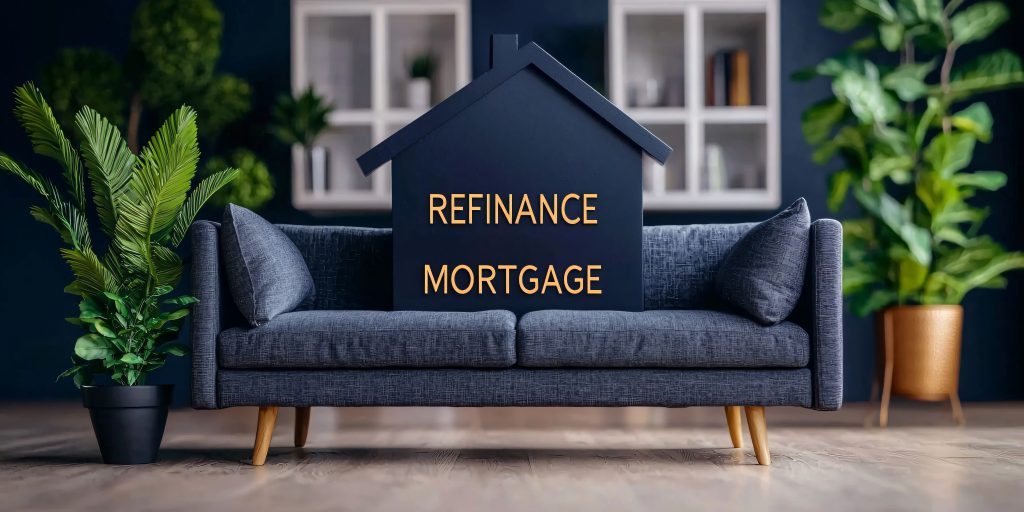 Umschuldung: Dunkelblauer Sessel mit Haus-Symbol und der Aufschrift „Refinance Mortgage“, umgeben von Zimmerpflanzen in modernem Wohnraum.