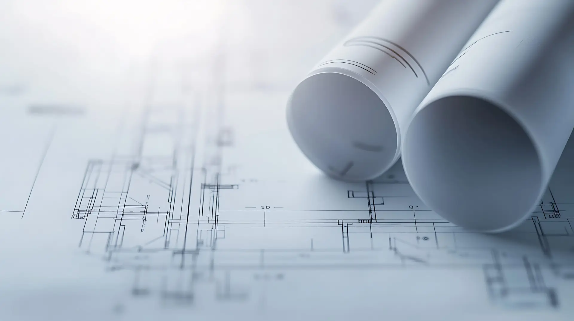 Gerollte Baupl&auml;ne liegen auf einer technischen Zeichnung; Architektur- und Grundrisspl&auml;ne als Grundlage f&uuml;r Bauvorhaben und Immobilienplanung f&uuml;r eine Baufinanzierung in Deutschland