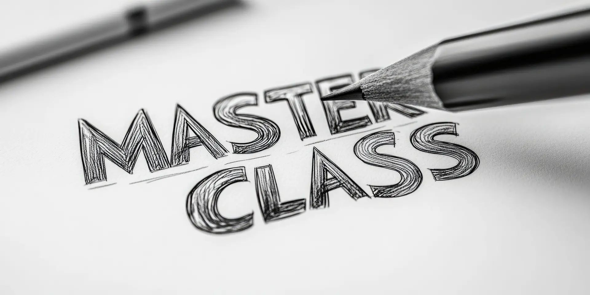 Bleistift schreibt den Schriftzug „Master Class“ auf Papier; Symbol für Weiterbildung, Expertenwissen und strukturierte Wissensvermittlung.