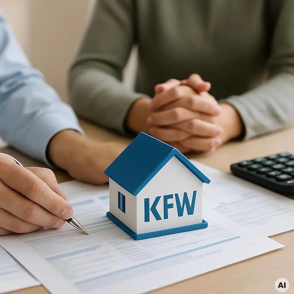 KfW-Förderung bei der Baufinanzierung: Modellhaus mit KfW-Schriftzug steht auf Finanzierungsunterlagen, während eine Beratungssituation am Tisch stattfindet.