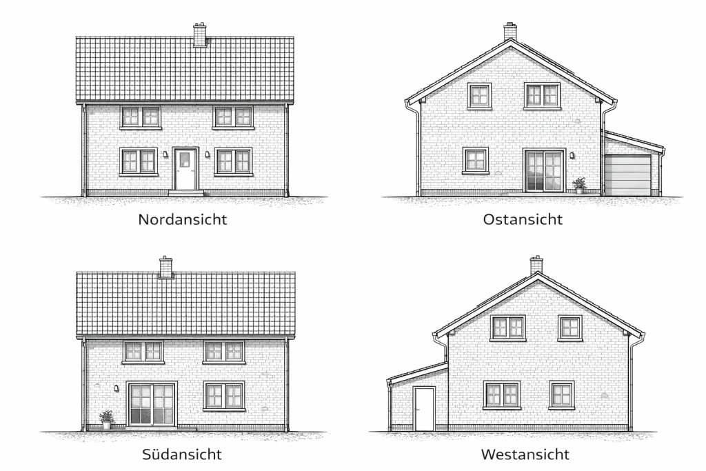 Gebäudeansichten eines Einfamilienhauses aus allen Himmelsrichtungen mit Nordansicht, Ostansicht, Südansicht und Westansicht