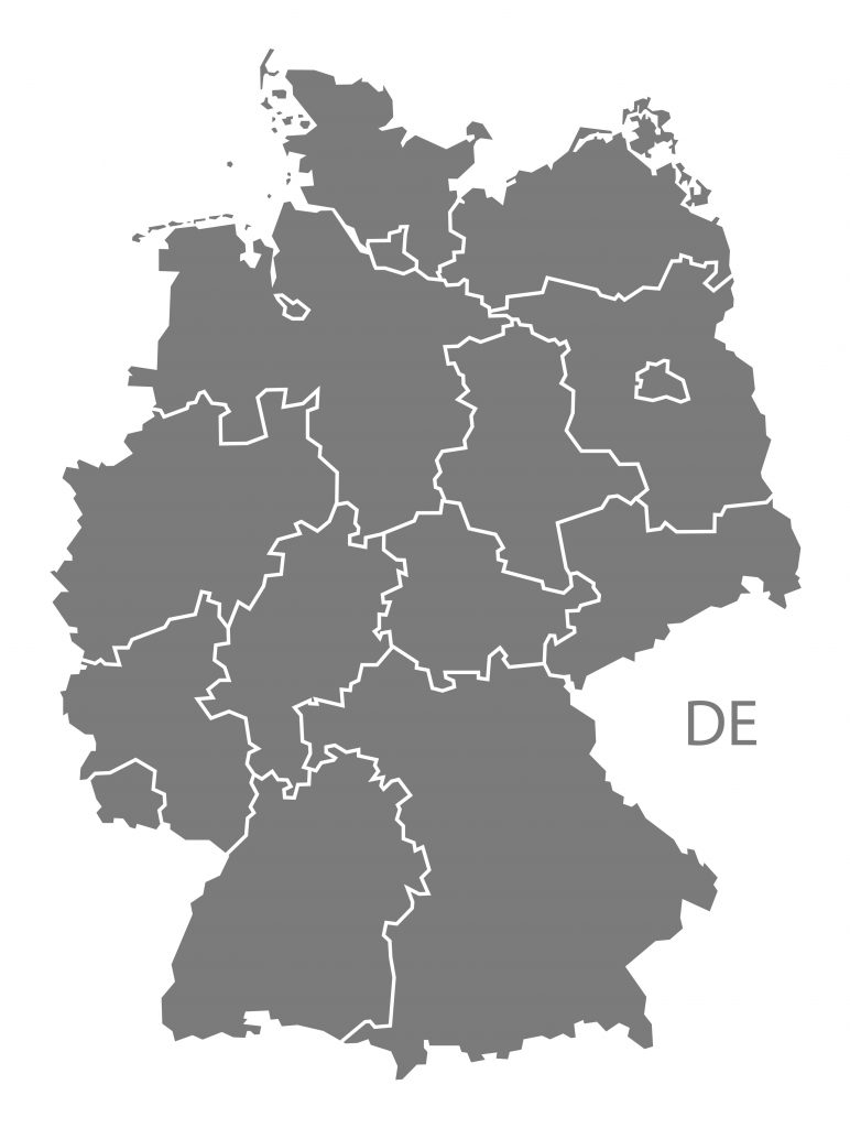 Karte von Deutschland mit eingezeichneten Bundesländern; graue Übersichtskarte zur regionalen Orientierung und deutschlandweiten Standortanalyse.