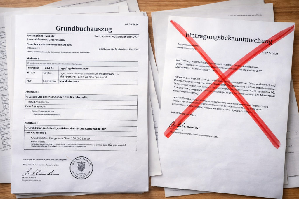 Beispiel eines Grundbuchauszugs für eine Baufinanzierung links und rot durchgestrichene Eintragungsbekanntmachung rechts als Abgrenzung