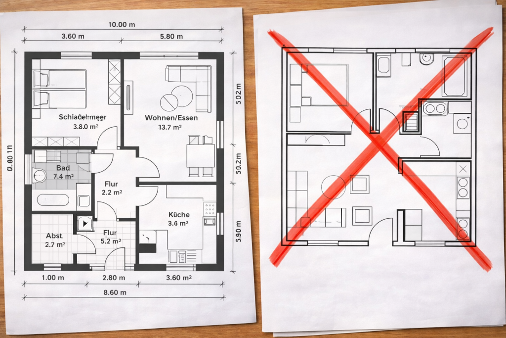 Links ein maßstäblicher Grundriss mit exakten Längen- und Breitenangaben der einzelnen Räume, rechts ein schematischer Wohnungsgrundriss ohne Maße rot durchgestrichen