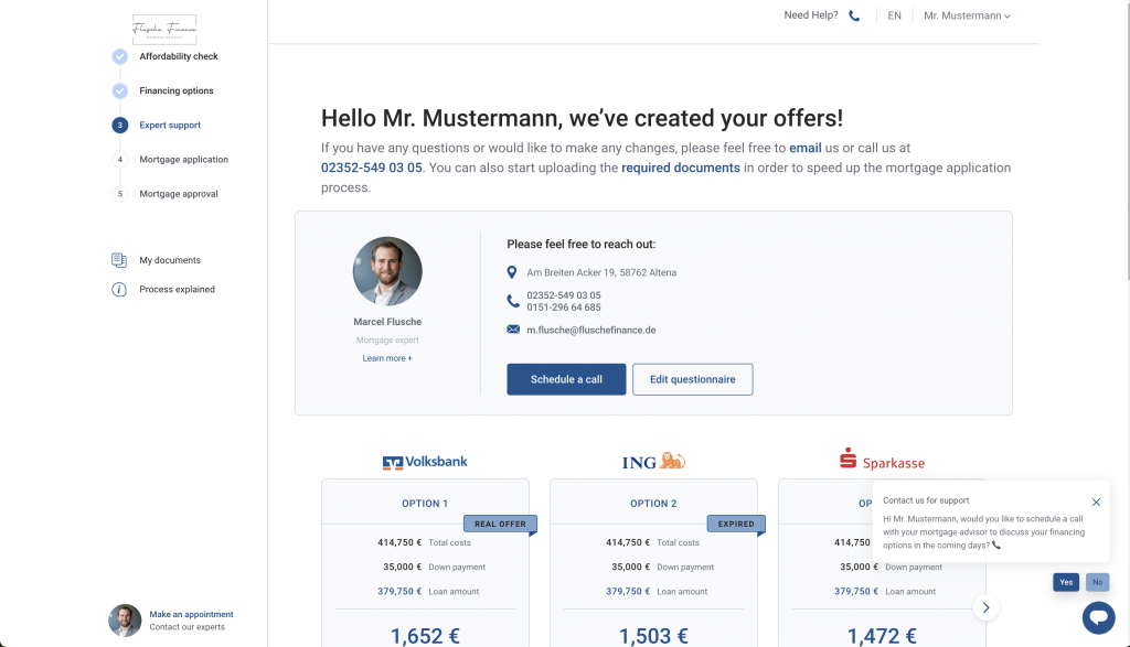 Modern digital mortgage platform showing personalized financing offers, expert support, document upload and appointment scheduling; user-friendly interface fully available in English.