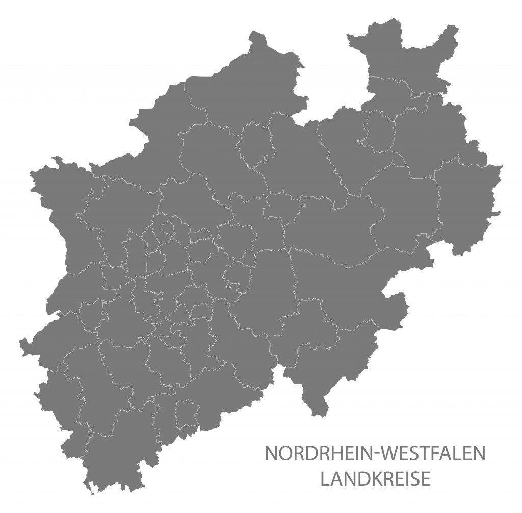 Karte von Nordrhein-Westfalen mit eingezeichneten Landkreisen; graue Übersichtskarte zur regionalen Einordnung und Standortanalyse in NRW.