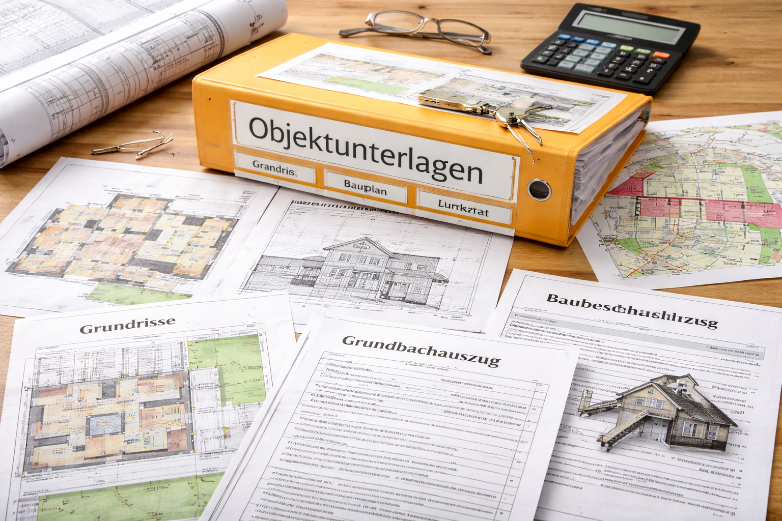 Objektunterlagen für eine Baufinanzierung mit Bauplänen, Grundrissen, Flurkarte, Grundbuchauszug und Baubeschreibung