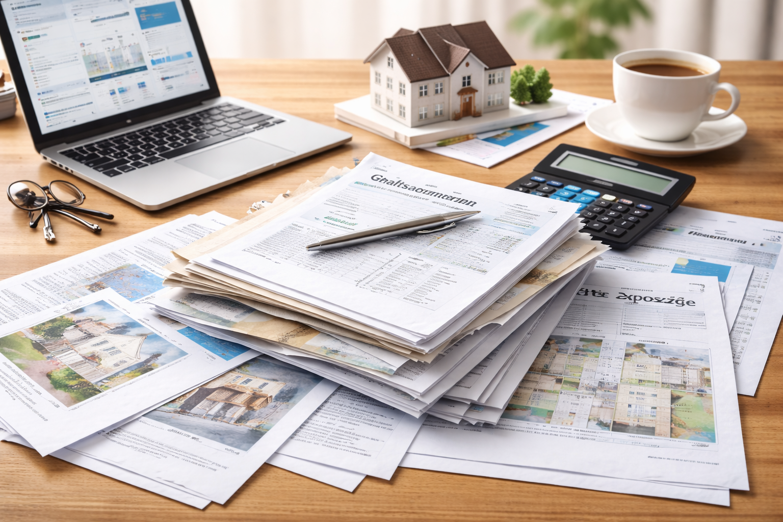 Übersichtlich vorbereitete Unterlagen für eine Baufinanzierung mit Gehaltsabrechnungen, Objektunterlagen und Finanzdokumenten auf einem Schreibtisch