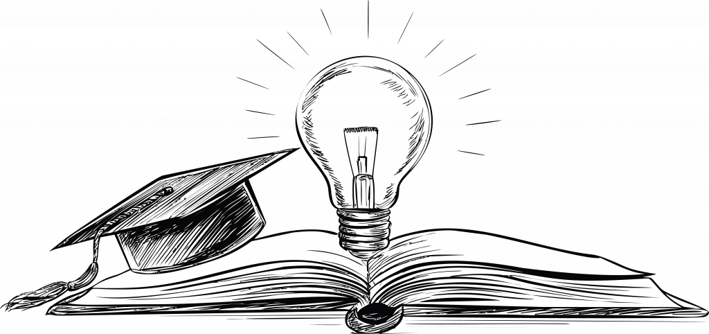 Illustration mit aufgeschlagenem Buch, leuchtender Glühbirne und Absolventenhut; Symbol für Wissen, Bildung und neue Erkenntnisse.