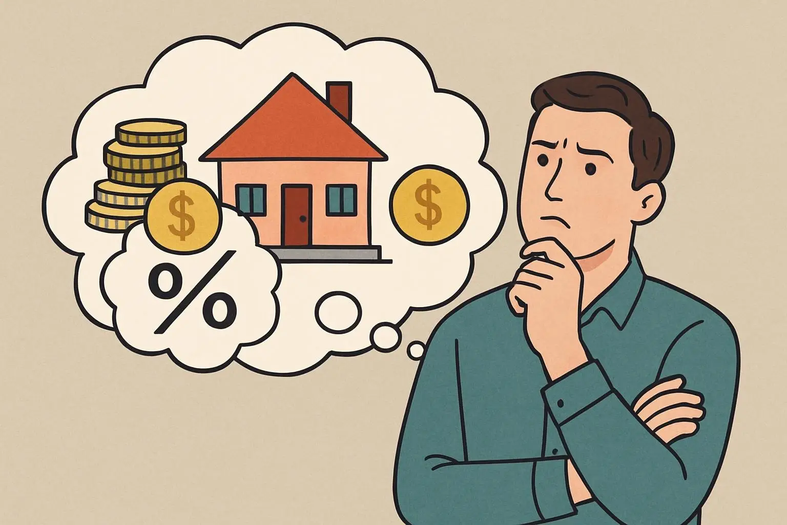 Illustration zum Thema Eigenkapital beim Immobilienkauf: Mann denkt über Haus, Münzen, Zinssatz und Finanzierung nach; Symbole zeigen den Einfluss von Eigenkapital auf Kaufpreis, Zinsen und Finanzierungssicherheit.