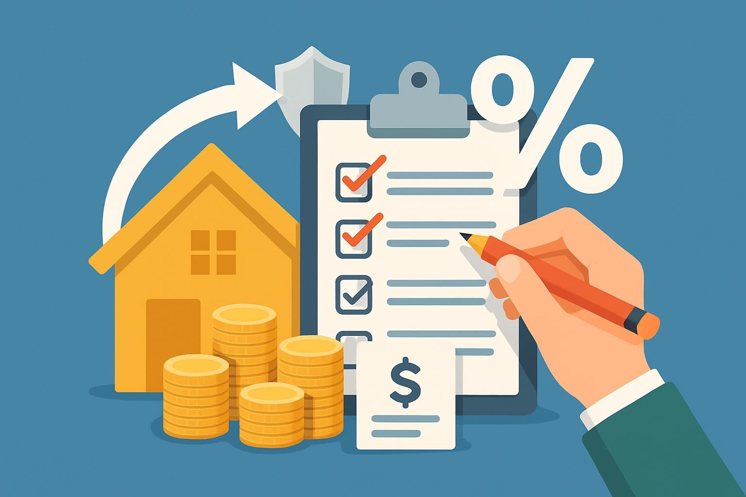 Illustration zur Baufinanzierungsplanung: Haus, Münzstapel, Checkliste mit Häkchen und Prozentzeichen symbolisieren Zinsvergleich, Absicherung und strukturierte Immobilienfinanzierung.