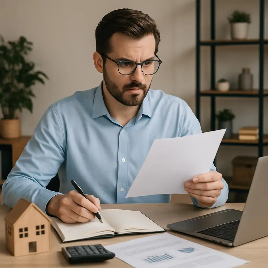 Mann prüft Finanzierungsunterlagen am Schreibtisch, liest ein Dokument und macht Notizen; Hausmodell, Laptop und Rechner deuten auf Baufinanzierungsprüfung hin.