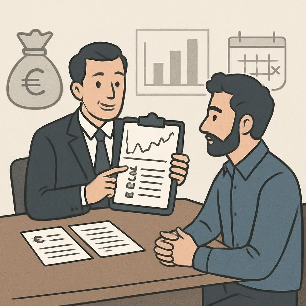 Illustration einer Baufinanzierungsberatung für Selbstständige: Berater erklärt einem Kunden anhand eines Dokuments die Konditionen einer Baufinanzierung; Symbole für Kosten, Zeit und Planung im Hintergrund.