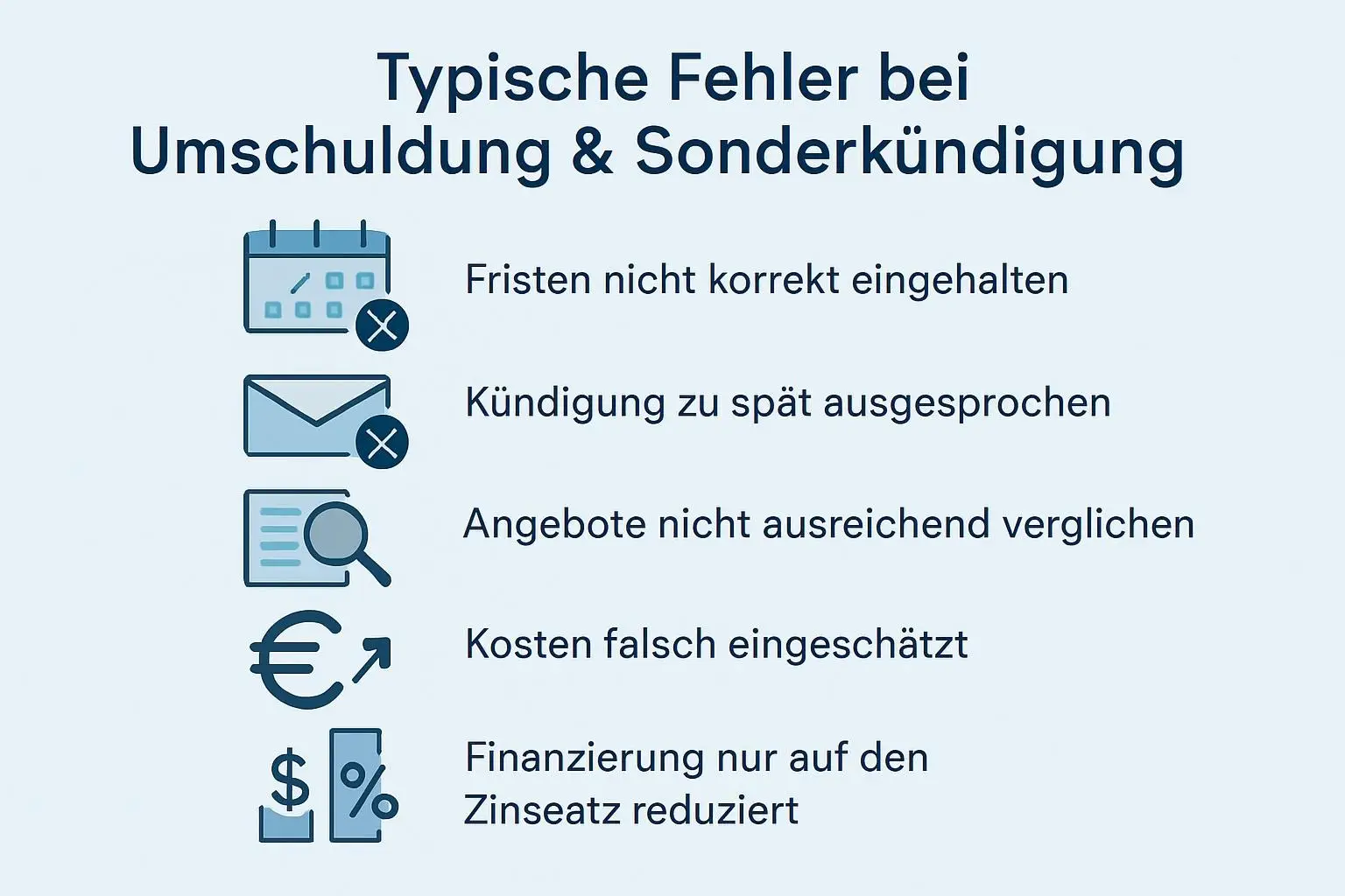 Infografik zu typischen Fehlern bei Umschuldung und Sonderkündigung, darunter Fristen versäumen, Kündigung zu spät aussprechen, Angebote unzureichend vergleichen, Kosten falsch einschätzen und Fokus nur auf den Zinssatz.