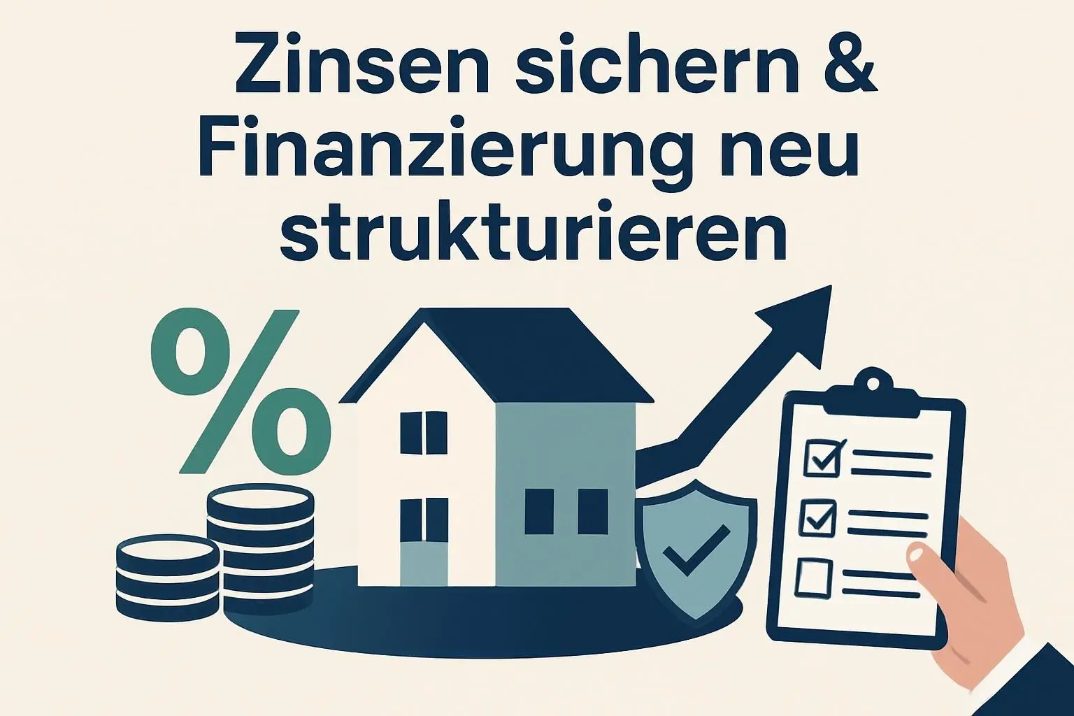Infografik zur Anschlussfinanzierung: Haus, Prozentzeichen, Münzen, steigender Pfeil und Checkliste symbolisieren Zinsabsicherung und Neustrukturierung der Immobilienfinanzierung.