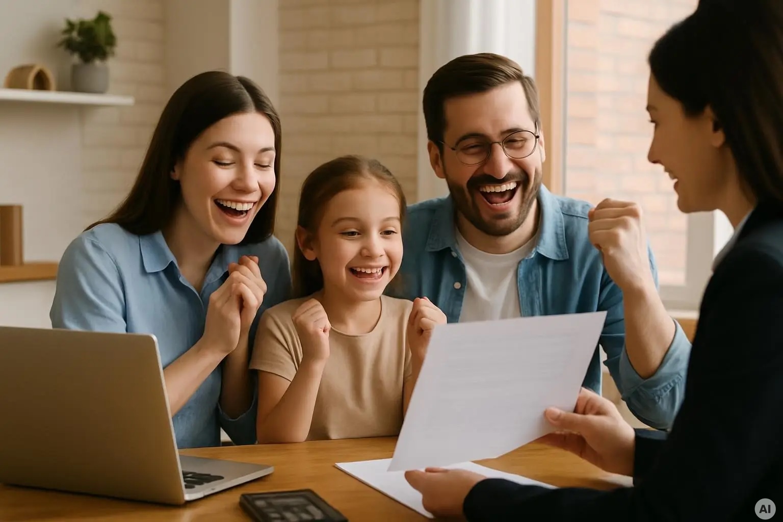 Familie freut sich bei der Anschlussfinanzierung über ein besseres Kreditangebot; Eltern und Kind jubeln gemeinsam mit der Beraterin nach erfolgreichem Finanzierungsvergleich.